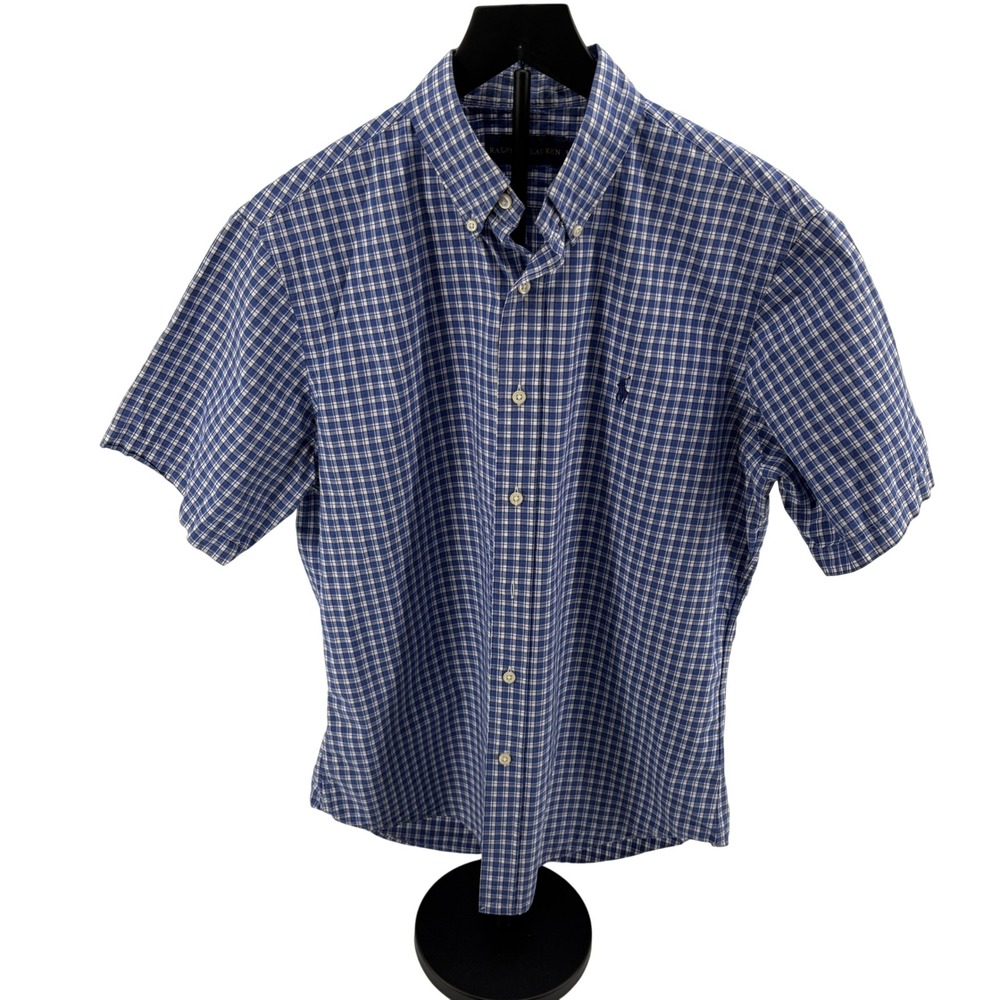 Ralph‎ Lauren Mens Medium Blue White Plaid Short Sleeve Cotton Button Down Shirt